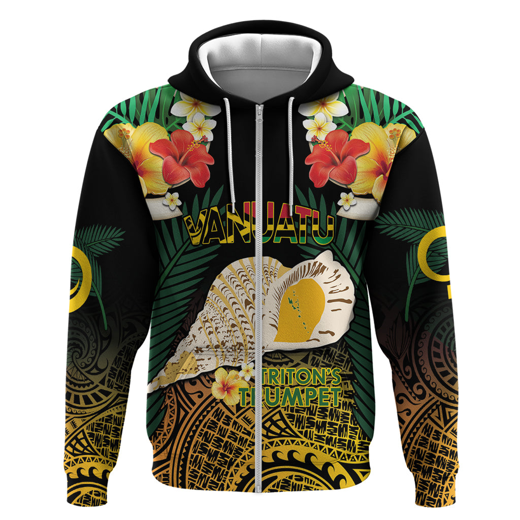 Vanuatu Triton's Trumpet Zip Hoodie Tropical Flowers Vanuatuan Map LT14 Zip Hoodie Black - Polynesian Pride