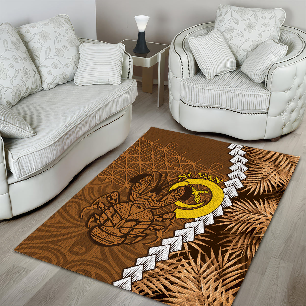 Vanuatu Coconut Crab Area Rug Ni-Van Tropical Leaves With Sand Drawing Art