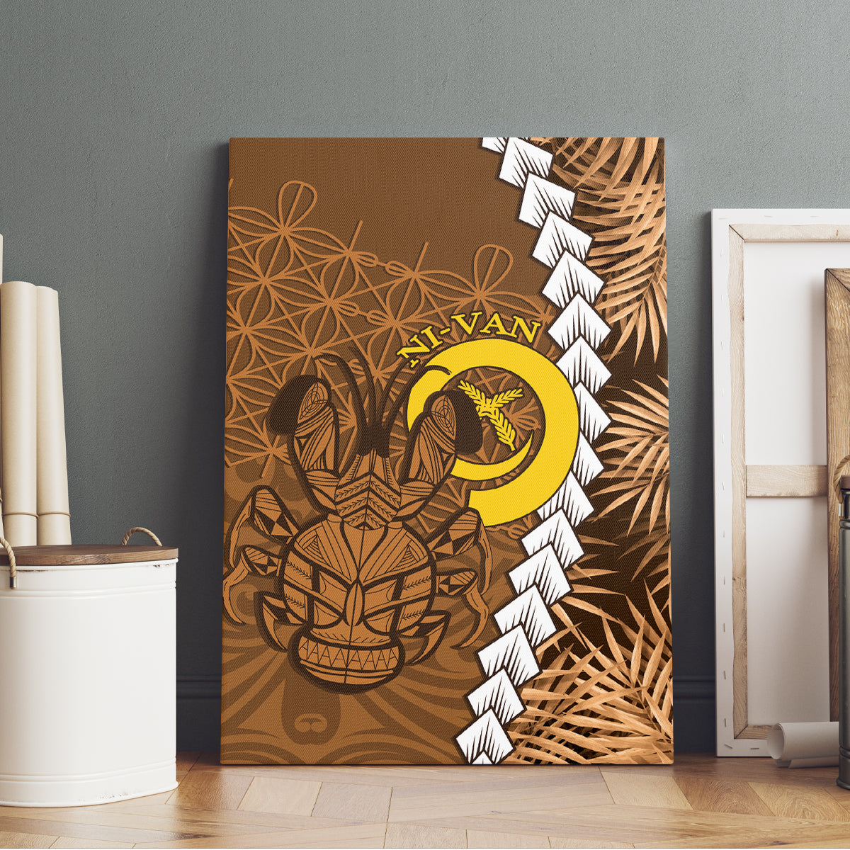 Vanuatu Coconut Crab Canvas Wall Art Ni-Van Tropical Leaves With Sand Drawing Art