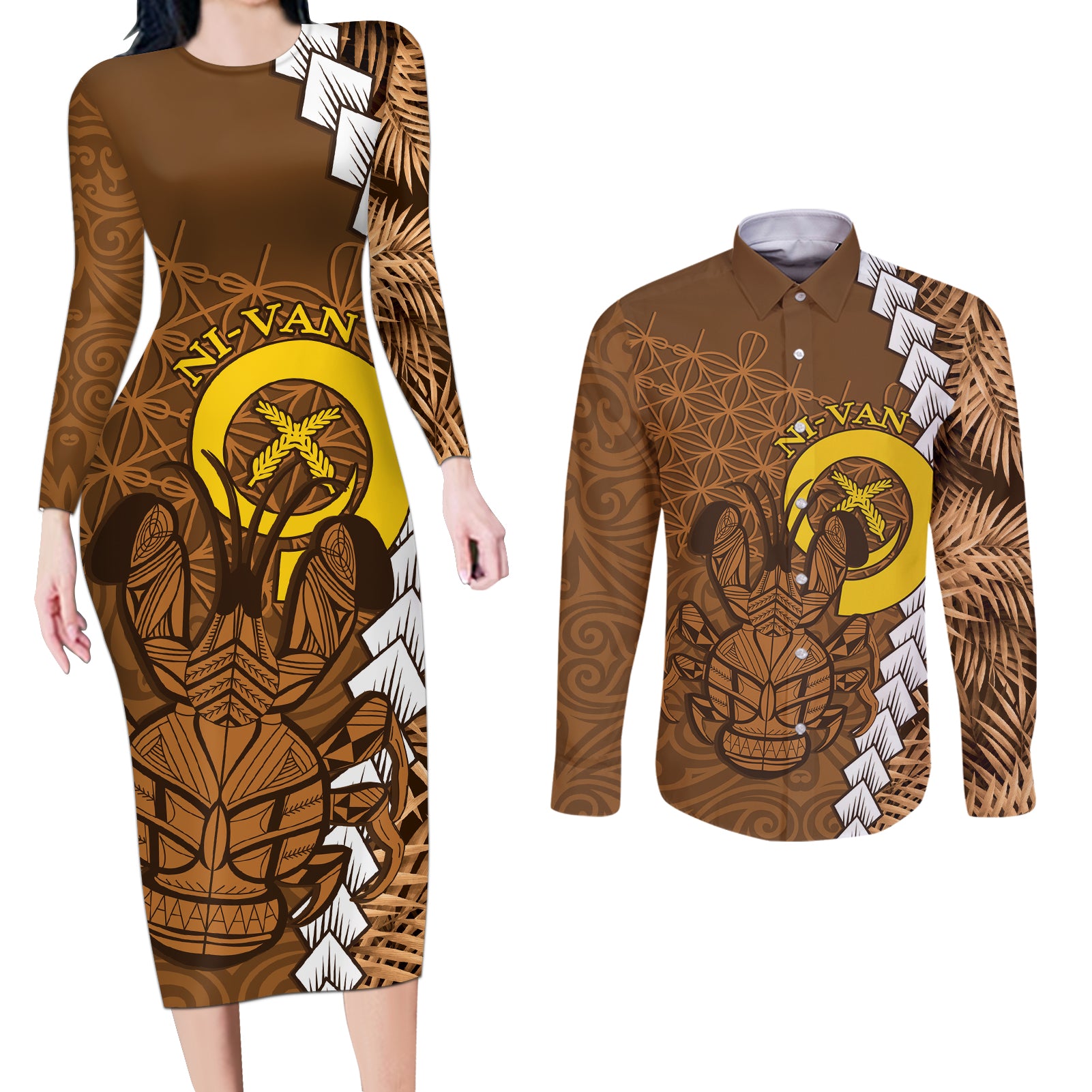 Vanuatu Coconut Crab Couples Matching Long Sleeve Bodycon Dress and Long Sleeve Button Shirt Ni-Van Tropical Leaves With Sand Drawing Art
