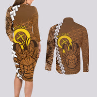 Vanuatu Coconut Crab Couples Matching Long Sleeve Bodycon Dress and Long Sleeve Button Shirt Ni-Van Tropical Leaves With Sand Drawing Art