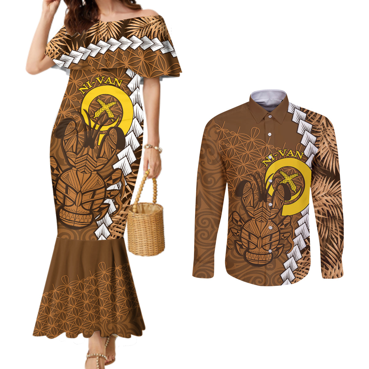 Vanuatu Coconut Crab Couples Matching Mermaid Dress and Long Sleeve Button Shirt Ni-Van Tropical Leaves With Sand Drawing Art