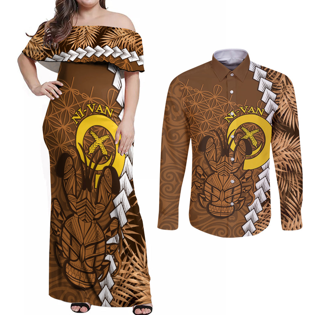 Vanuatu Coconut Crab Couples Matching Off Shoulder Maxi Dress and Long Sleeve Button Shirt Ni-Van Tropical Leaves With Sand Drawing Art
