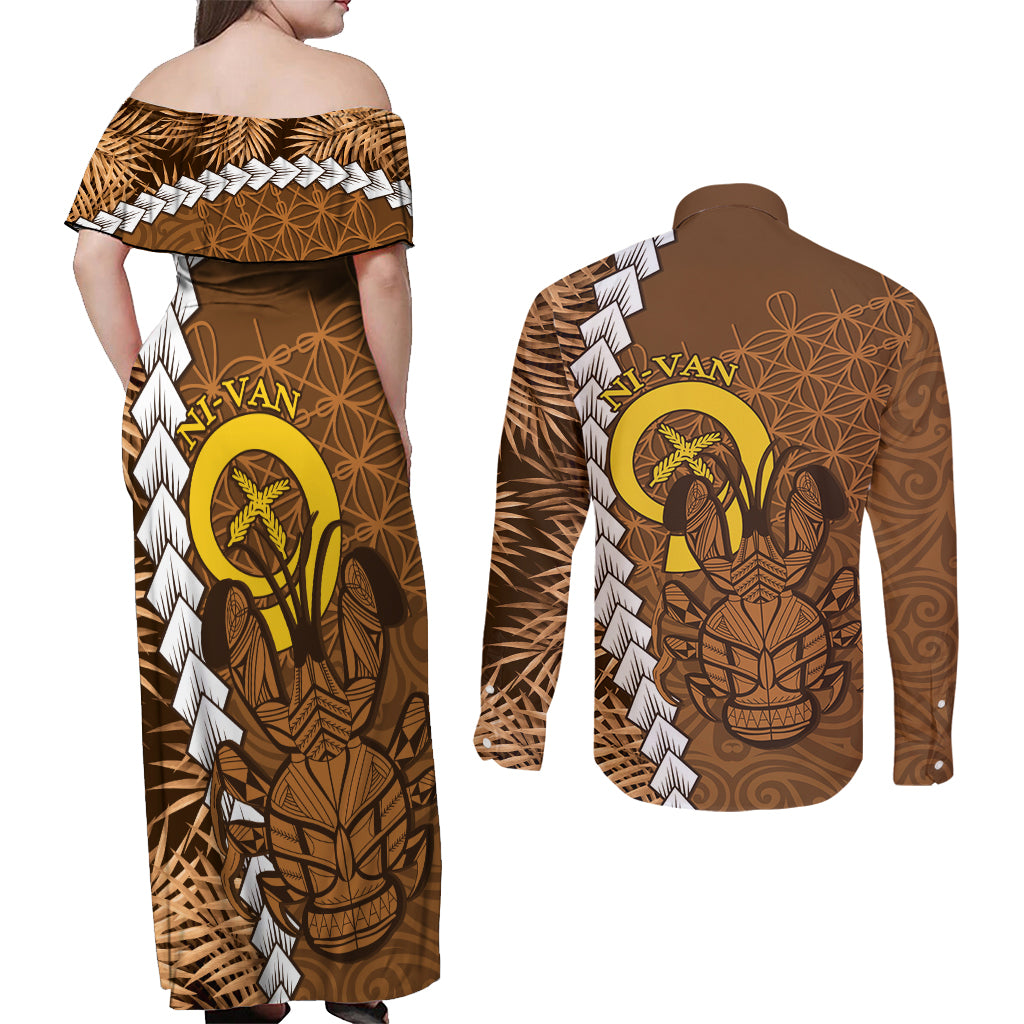 Vanuatu Coconut Crab Couples Matching Off Shoulder Maxi Dress and Long Sleeve Button Shirt Ni-Van Tropical Leaves With Sand Drawing Art