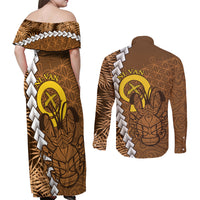 Vanuatu Coconut Crab Couples Matching Off Shoulder Maxi Dress and Long Sleeve Button Shirt Ni-Van Tropical Leaves With Sand Drawing Art