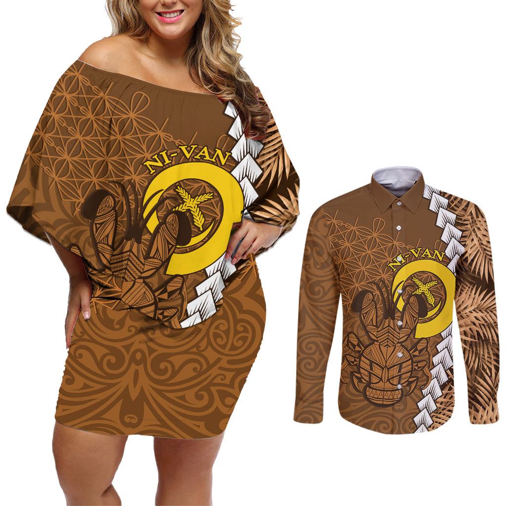 Vanuatu Coconut Crab Couples Matching Off Shoulder Short Dress and Long Sleeve Button Shirt Ni-Van Tropical Leaves With Sand Drawing Art
