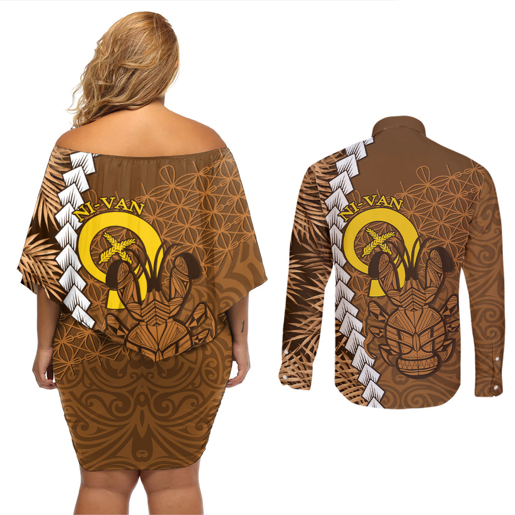 Vanuatu Coconut Crab Couples Matching Off Shoulder Short Dress and Long Sleeve Button Shirt Ni-Van Tropical Leaves With Sand Drawing Art