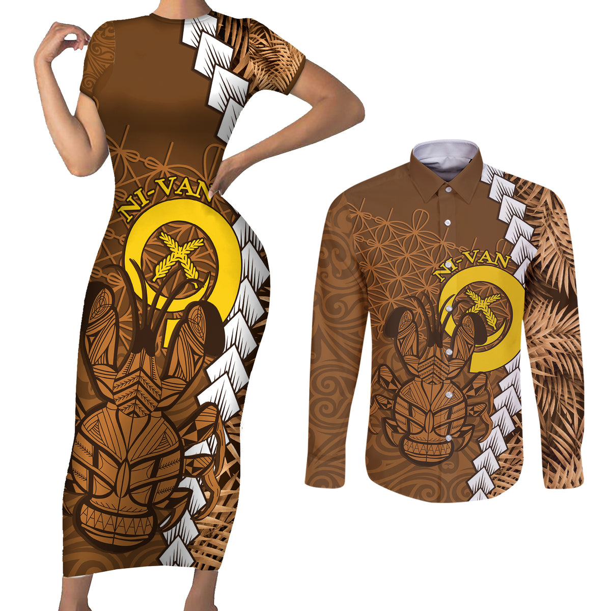 Vanuatu Coconut Crab Couples Matching Short Sleeve Bodycon Dress and Long Sleeve Button Shirt Ni-Van Tropical Leaves With Sand Drawing Art
