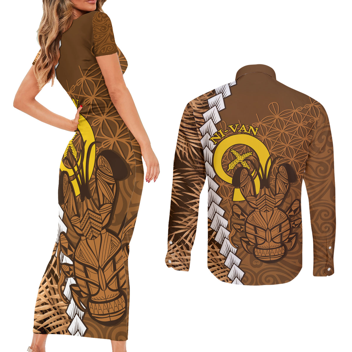 Vanuatu Coconut Crab Couples Matching Short Sleeve Bodycon Dress and Long Sleeve Button Shirt Ni-Van Tropical Leaves With Sand Drawing Art