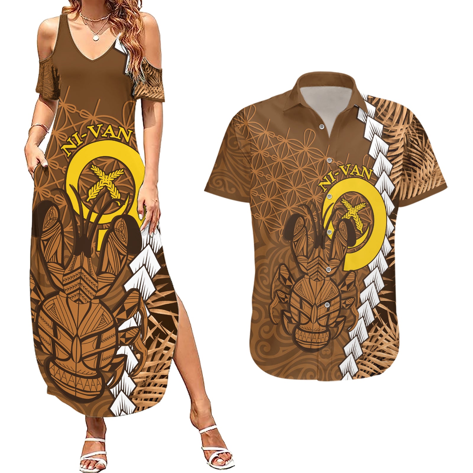 Vanuatu Coconut Crab Couples Matching Summer Maxi Dress and Hawaiian Shirt Ni-Van Tropical Leaves With Sand Drawing Art