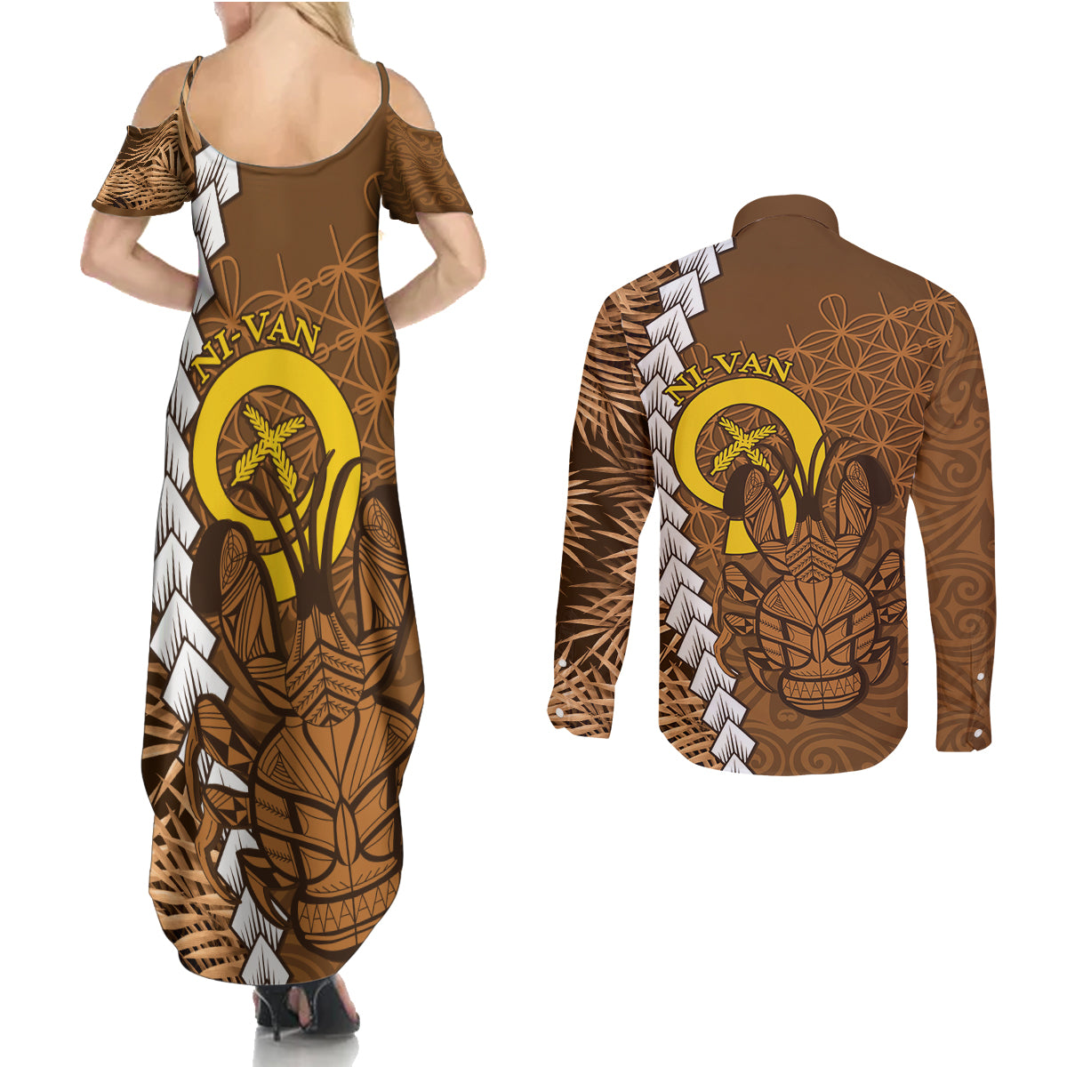 Vanuatu Coconut Crab Couples Matching Summer Maxi Dress and Long Sleeve Button Shirt Ni-Van Tropical Leaves With Sand Drawing Art
