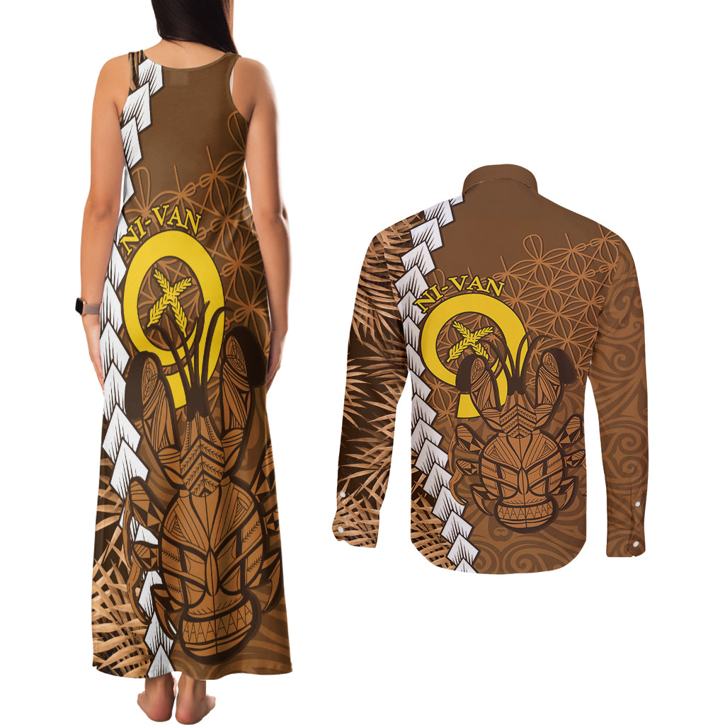 Vanuatu Coconut Crab Couples Matching Tank Maxi Dress and Long Sleeve Button Shirt Ni-Van Tropical Leaves With Sand Drawing Art