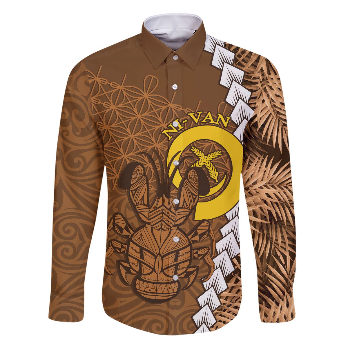 Vanuatu Coconut Crab Family Matching Short Sleeve Bodycon Dress and Hawaiian Shirt Ni-Van Tropical Leaves With Sand Drawing Art LT14 Dad's Shirt - Long Sleeve Brown - Polynesian Pride