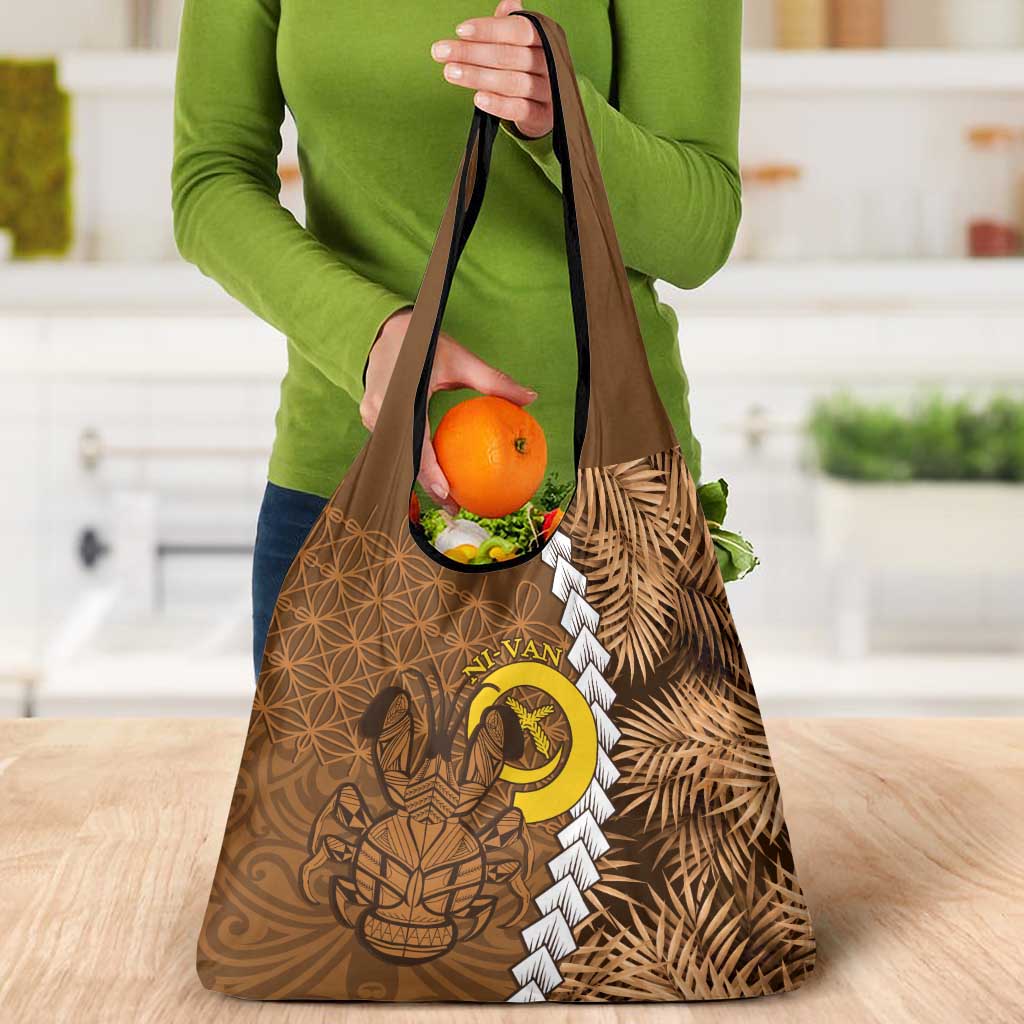 Vanuatu Coconut Crab Grocery Bag Ni-Van Tropical Leaves With Sand Drawing Art