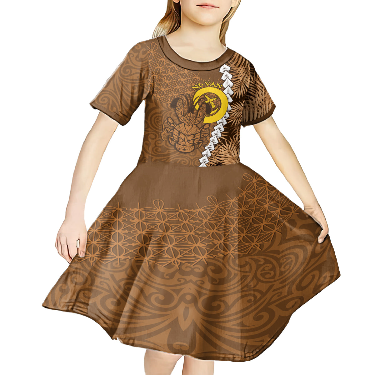 Vanuatu Coconut Crab Kid Short Sleeve Dress Ni-Van Tropical Leaves With Sand Drawing Art