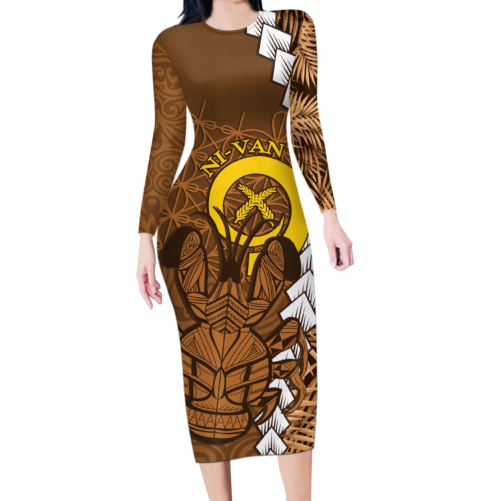 Vanuatu Coconut Crab Long Sleeve Bodycon Dress Ni-Van Tropical Leaves With Sand Drawing Art LT14 Long Dress Brown - Polynesian Pride