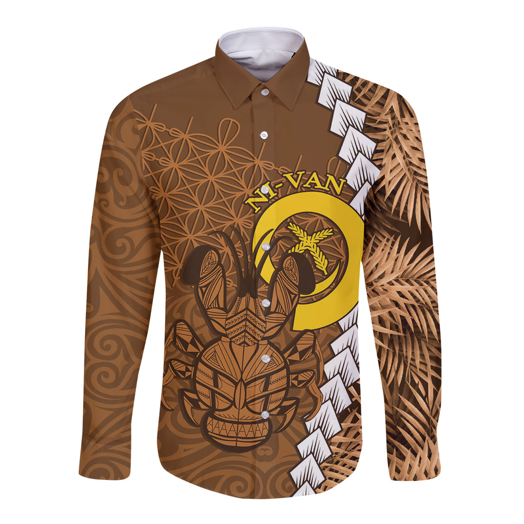 Vanuatu Coconut Crab Long Sleeve Button Shirt Ni-Van Tropical Leaves With Sand Drawing Art LT14 Unisex Brown - Polynesian Pride