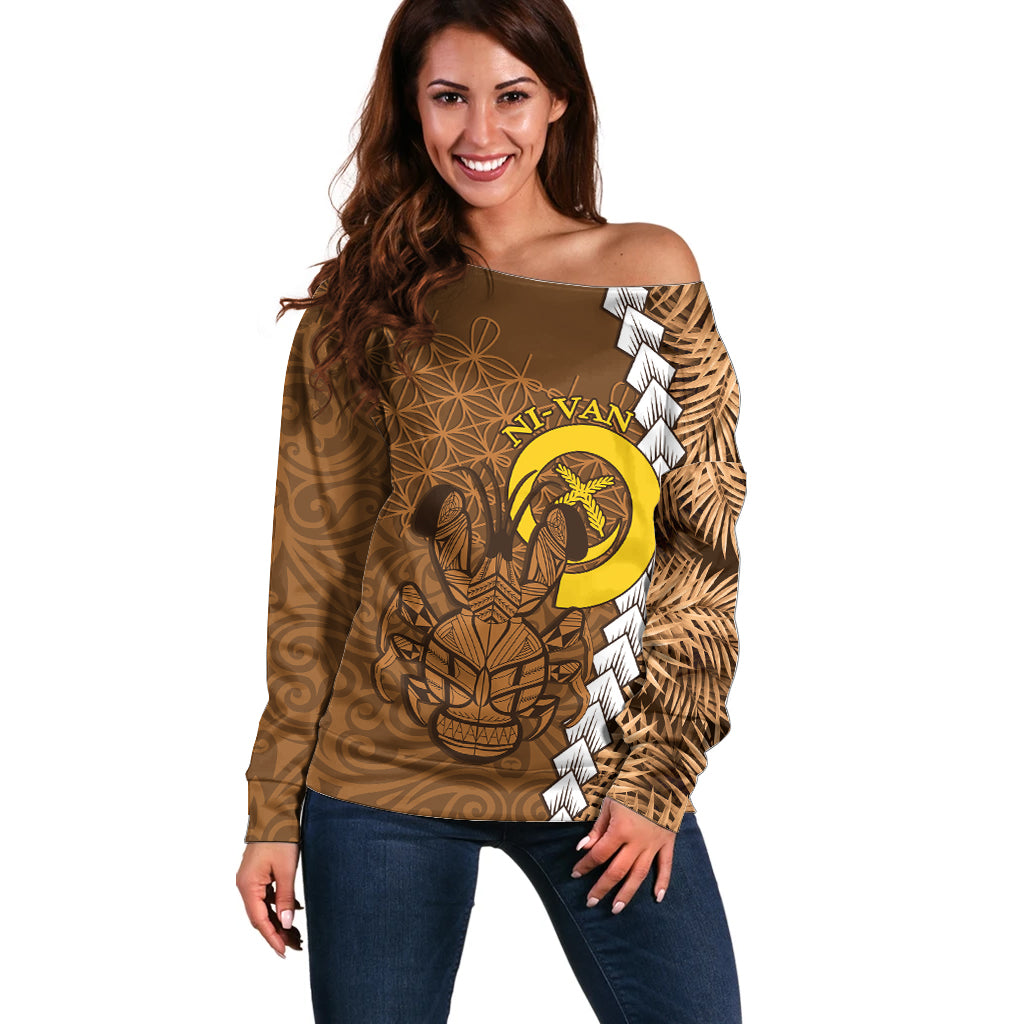 Vanuatu Coconut Crab Off Shoulder Sweater Ni-Van Tropical Leaves With Sand Drawing Art LT14 Women Brown - Polynesian Pride