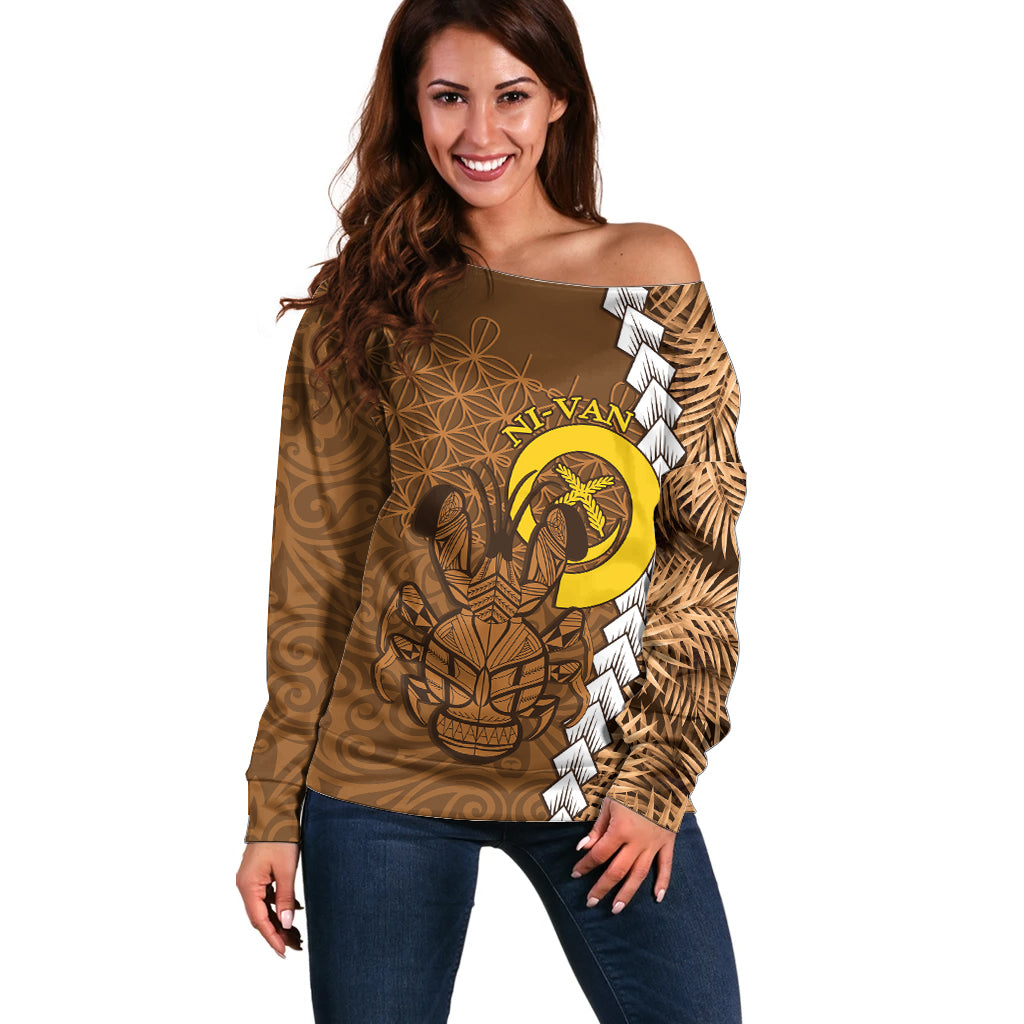 Vanuatu Coconut Crab Off Shoulder Sweater Ni-Van Tropical Leaves With Sand Drawing Art