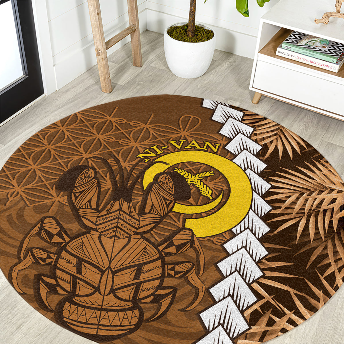 Vanuatu Coconut Crab Round Carpet Ni-Van Tropical Leaves With Sand Drawing Art
