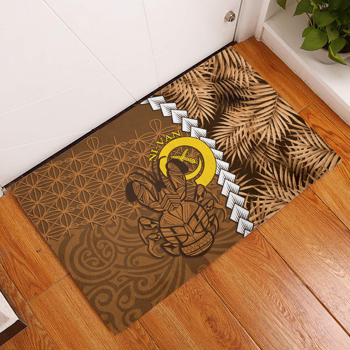 Vanuatu Coconut Crab Rubber Doormat Ni-Van Tropical Leaves With Sand Drawing Art