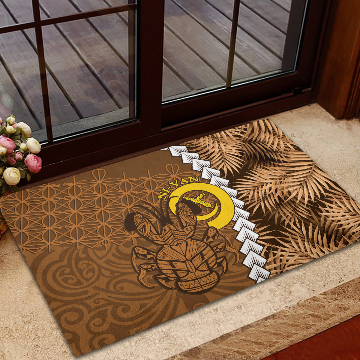 Vanuatu Coconut Crab Rubber Doormat Ni-Van Tropical Leaves With Sand Drawing Art