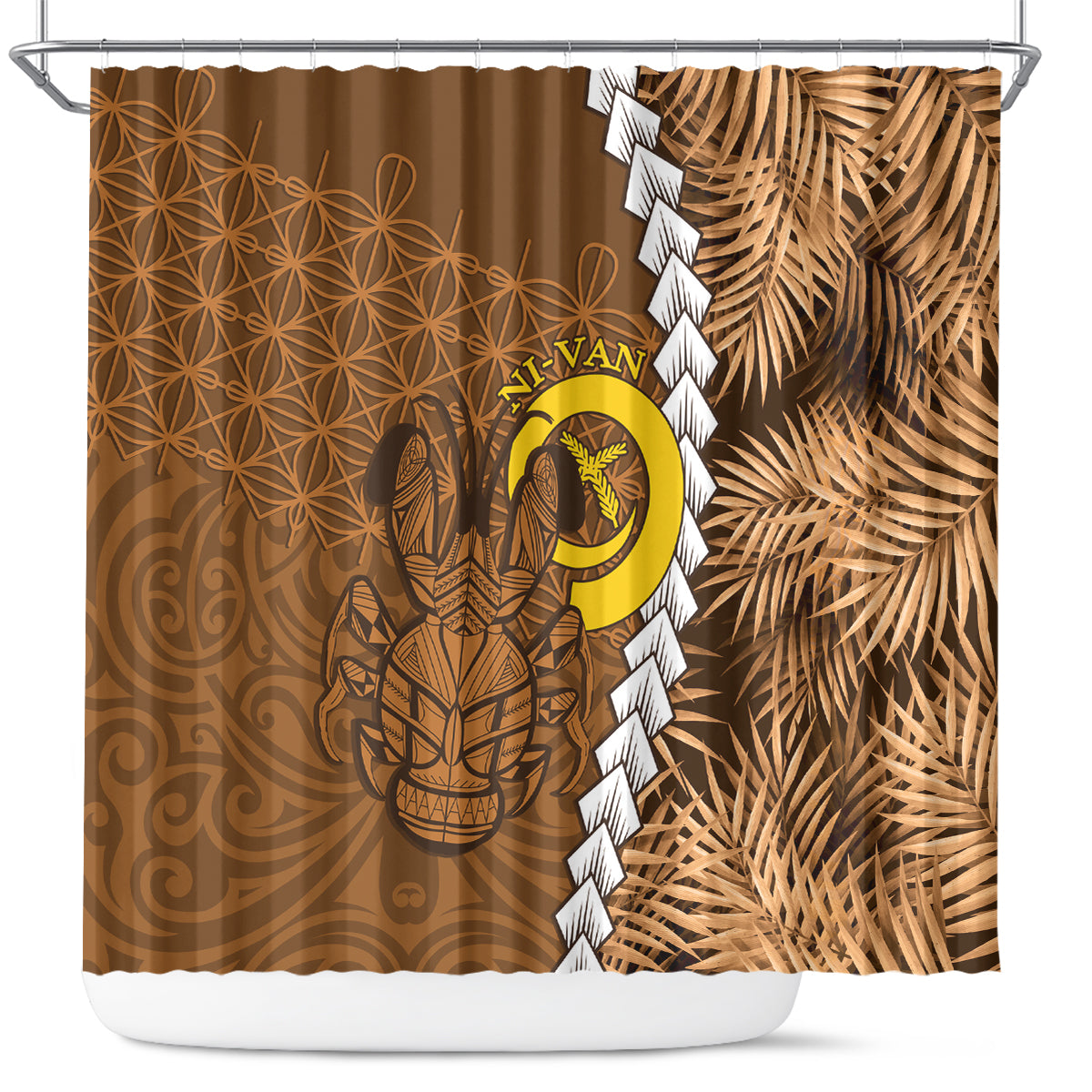 Vanuatu Coconut Crab Shower Curtain Ni-Van Tropical Leaves With Sand Drawing Art LT14 Brown - Polynesian Pride