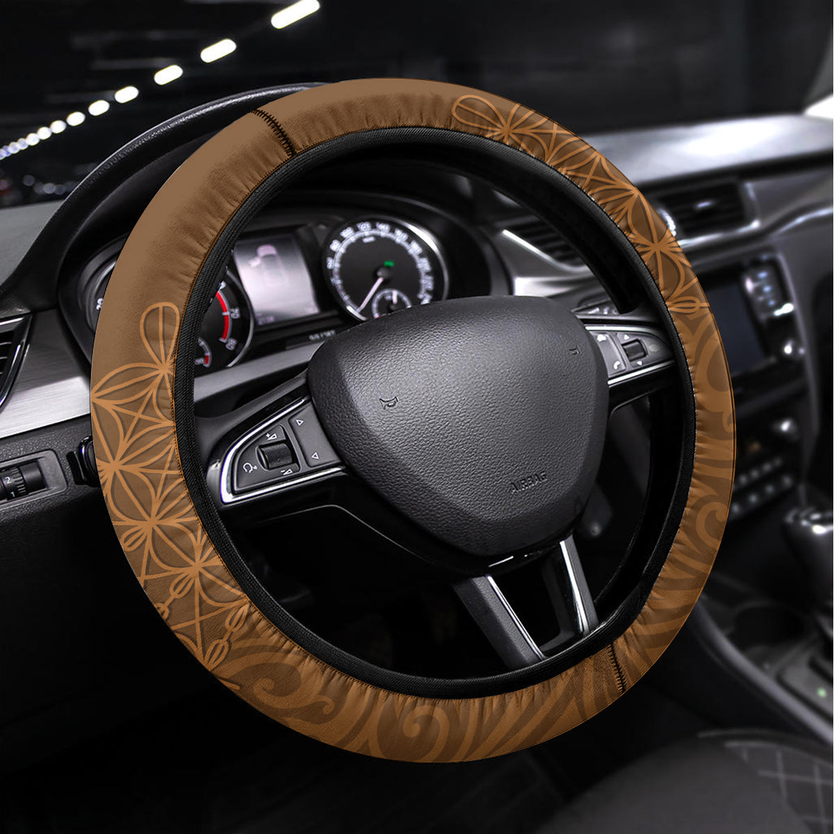 Vanuatu Coconut Crab Steering Wheel Cover Ni-Van Tropical Leaves With Sand Drawing Art LT14 Universal Fit Brown - Polynesian Pride