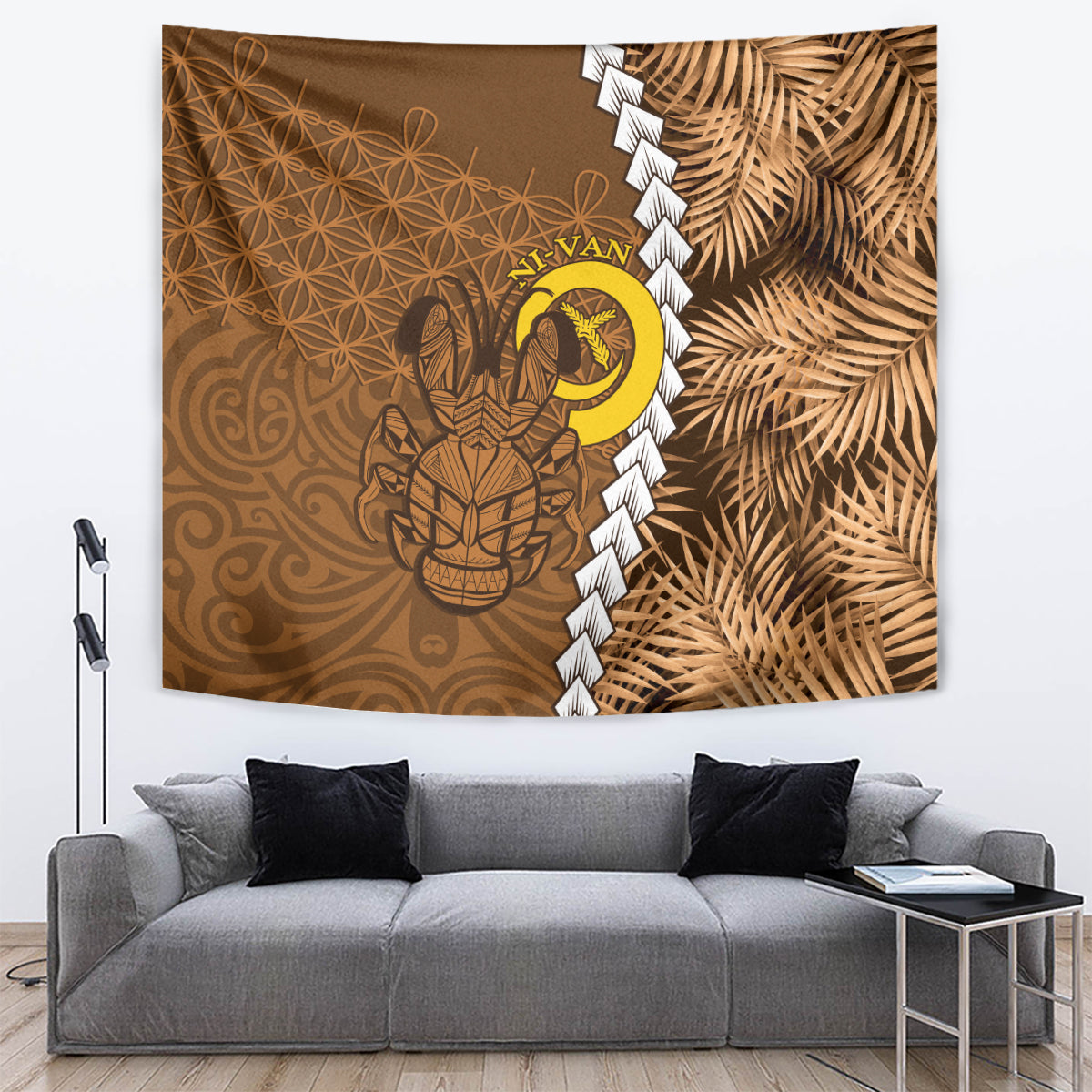 Vanuatu Coconut Crab Tapestry Ni-Van Tropical Leaves With Sand Drawing Art LT14 Brown - Polynesian Pride