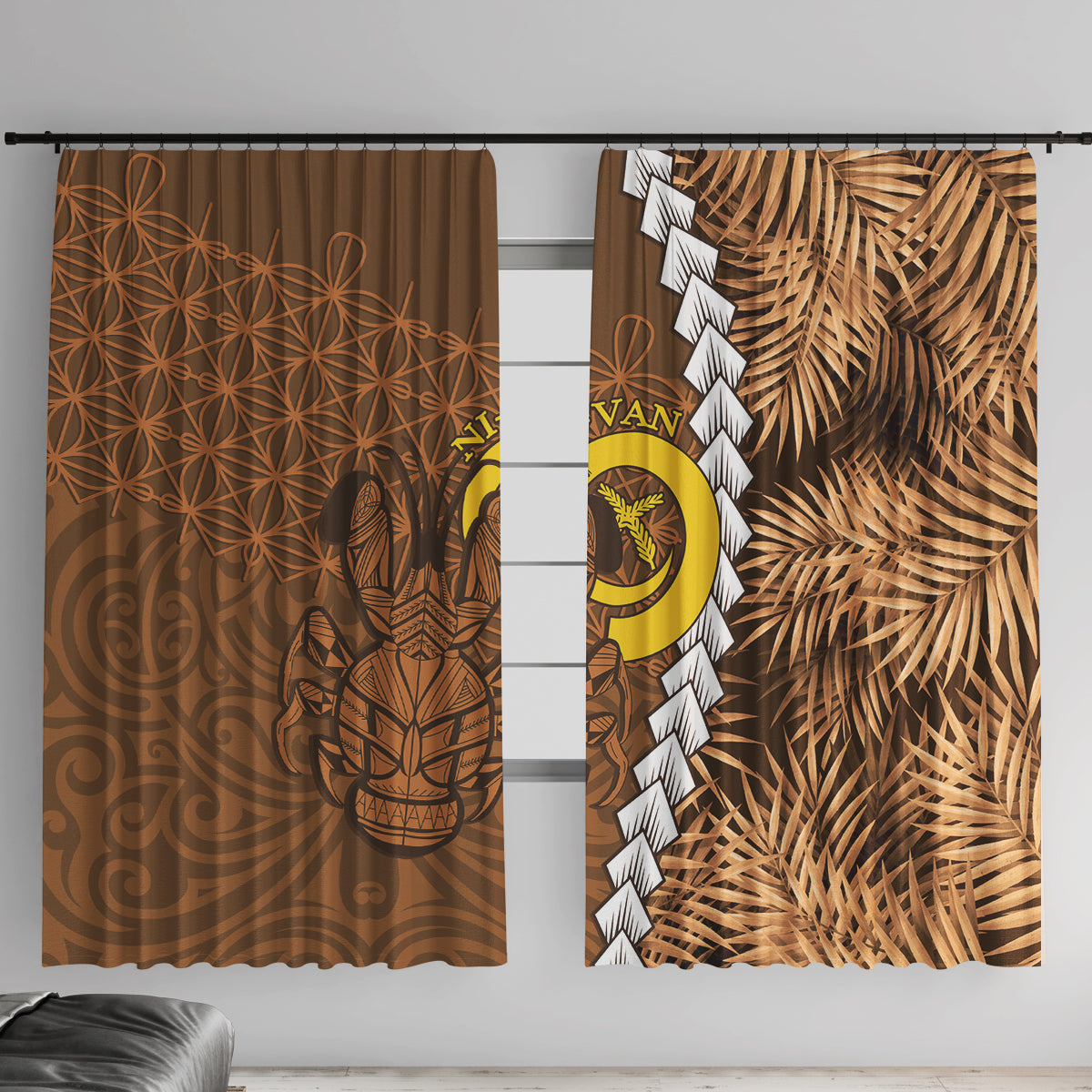Vanuatu Coconut Crab Window Curtain Ni-Van Tropical Leaves With Sand Drawing Art LT14 With Hooks Brown - Polynesian Pride