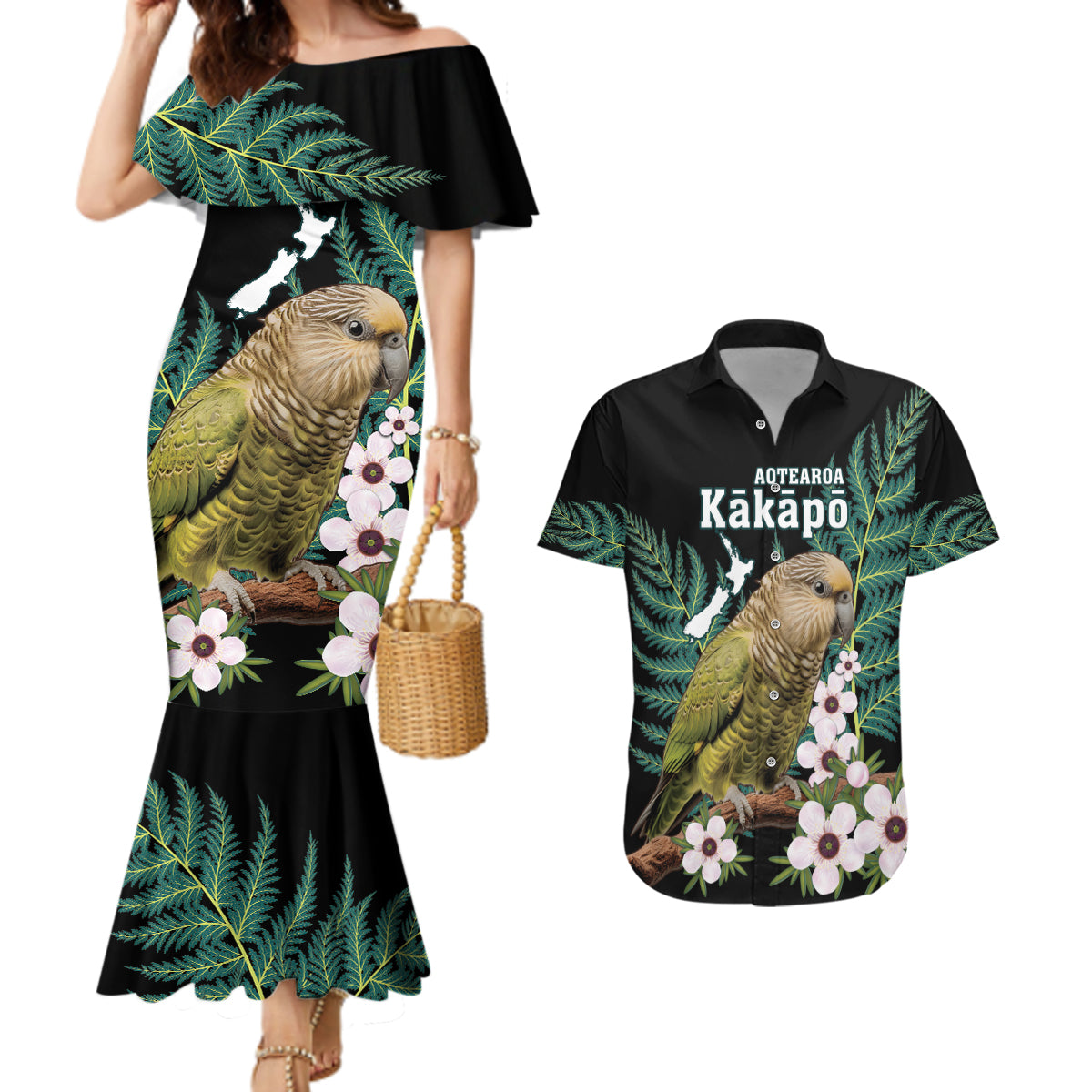 Personalised New Zealand Kakapo Couples Matching Mermaid Dress and Hawaiian Shirt Aotearoa Fern With Manuka