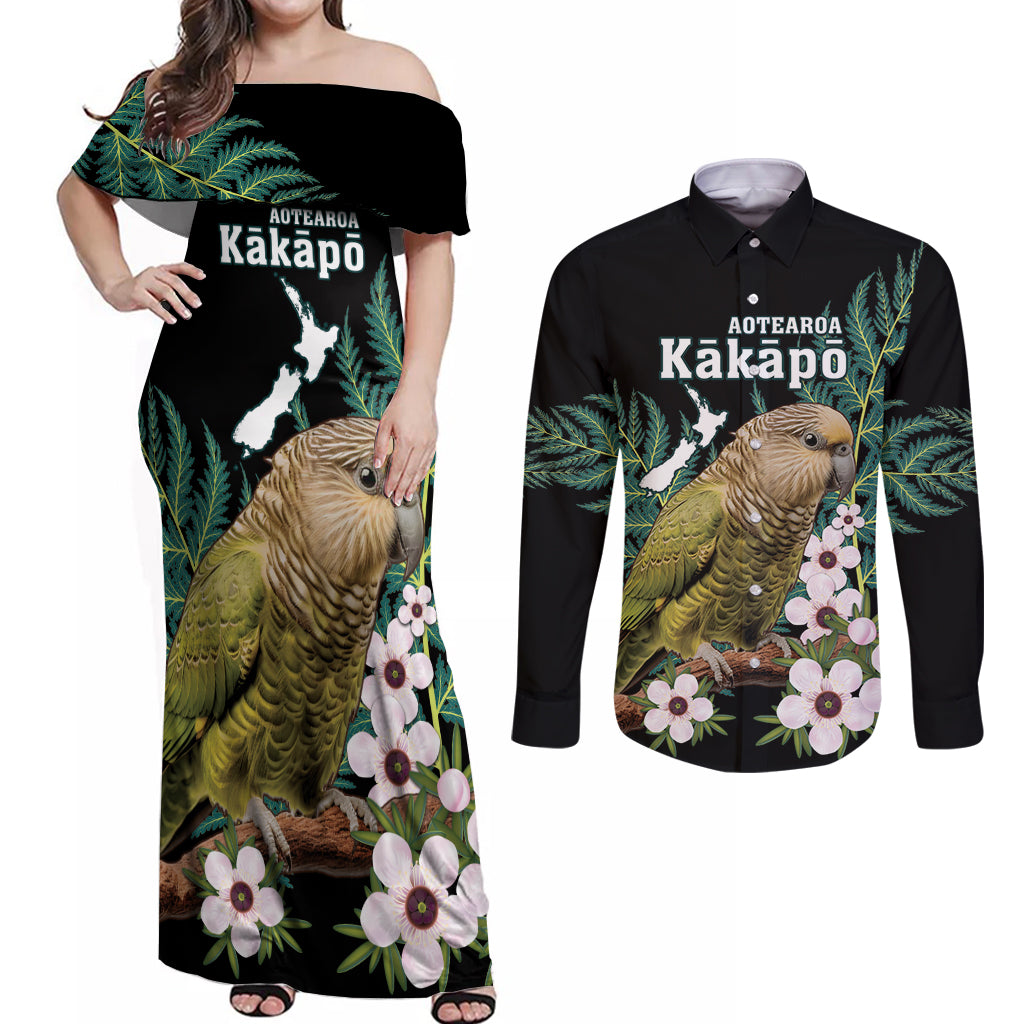 Personalised New Zealand Kakapo Couples Matching Off Shoulder Maxi Dress and Long Sleeve Button Shirt Aotearoa Fern With Manuka