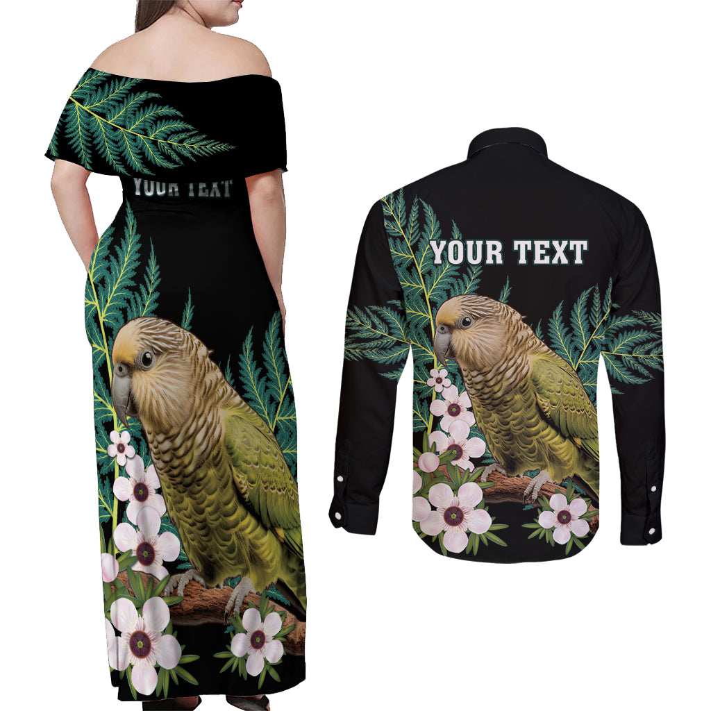 Personalised New Zealand Kakapo Couples Matching Off Shoulder Maxi Dress and Long Sleeve Button Shirt Aotearoa Fern With Manuka
