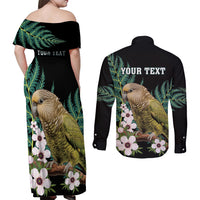 Personalised New Zealand Kakapo Couples Matching Off Shoulder Maxi Dress and Long Sleeve Button Shirt Aotearoa Fern With Manuka
