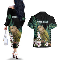 Personalised New Zealand Kakapo Couples Matching Off The Shoulder Long Sleeve Dress and Hawaiian Shirt Aotearoa Fern With Manuka