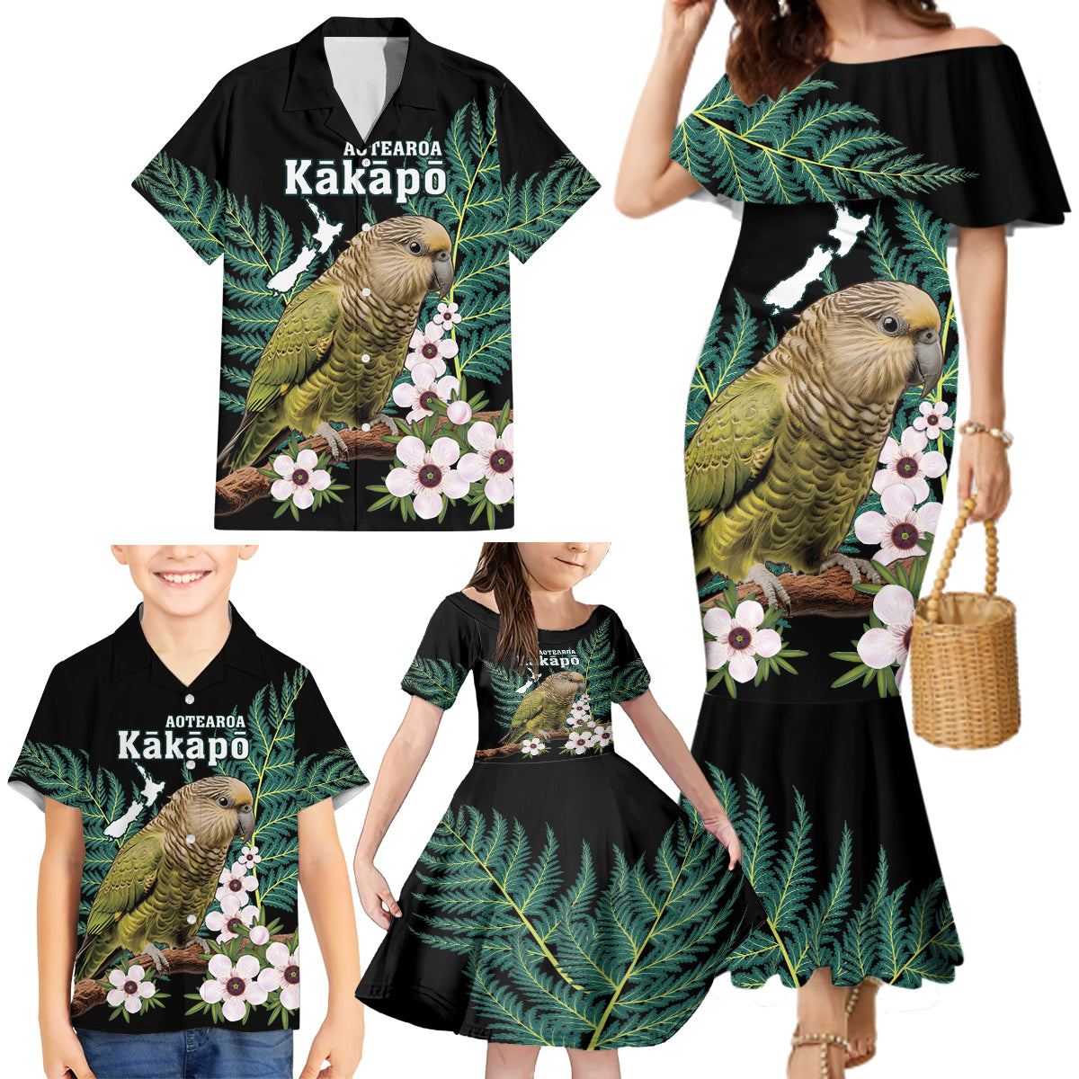Personalised New Zealand Kakapo Family Matching Mermaid Dress and Hawaiian Shirt Aotearoa Fern With Manuka