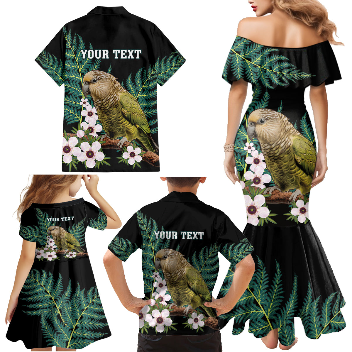 Personalised New Zealand Kakapo Family Matching Mermaid Dress and Hawaiian Shirt Aotearoa Fern With Manuka