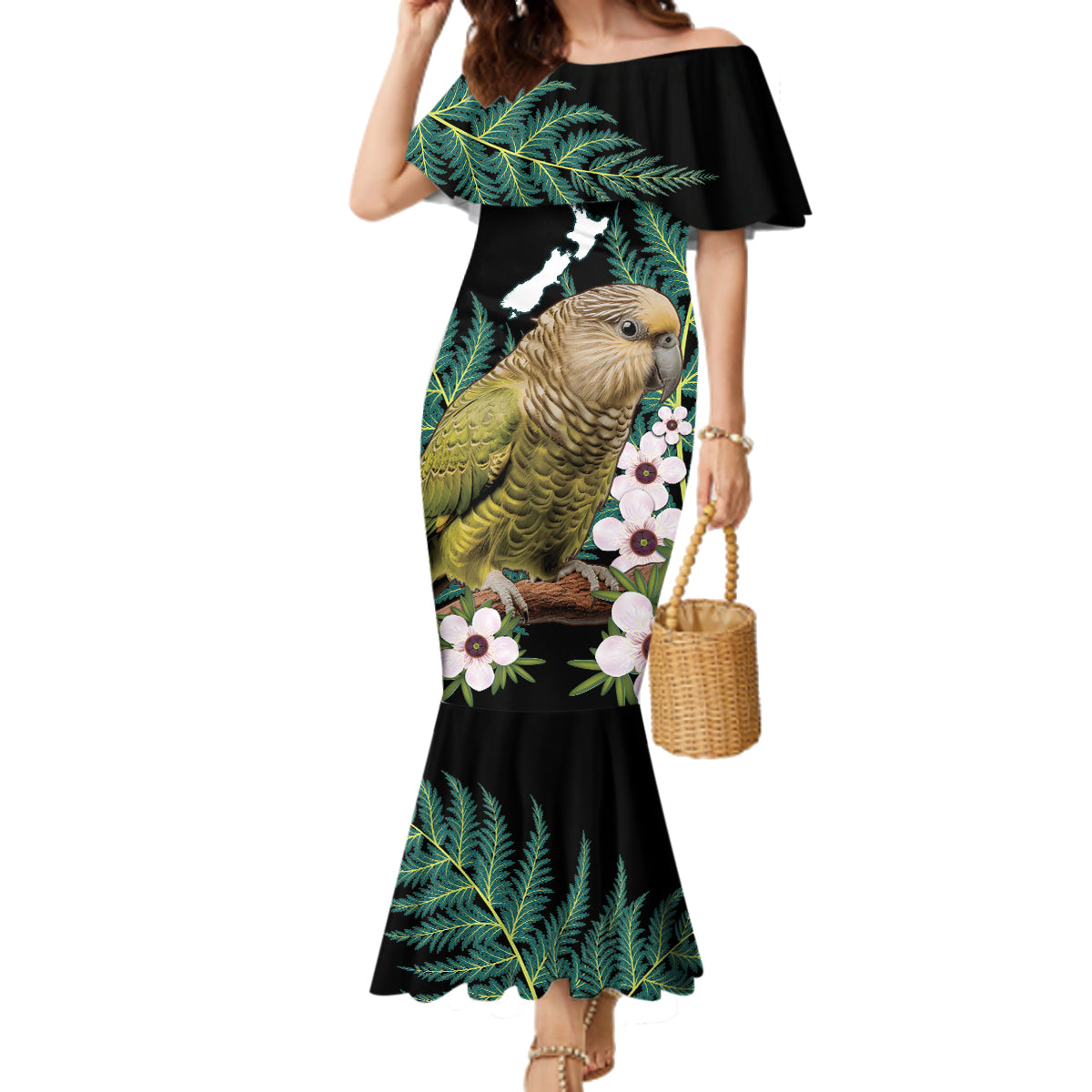 Personalised New Zealand Kakapo Family Matching Mermaid Dress and Hawaiian Shirt Aotearoa Fern With Manuka