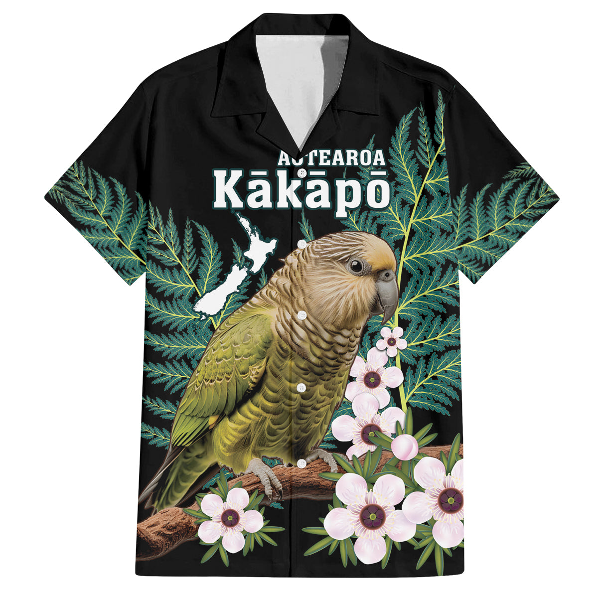 Personalised New Zealand Kakapo Family Matching Off The Shoulder Long Sleeve Dress and Hawaiian Shirt Aotearoa Fern With Manuka LT14 Dad's Shirt - Short Sleeve Black - Polynesian Pride