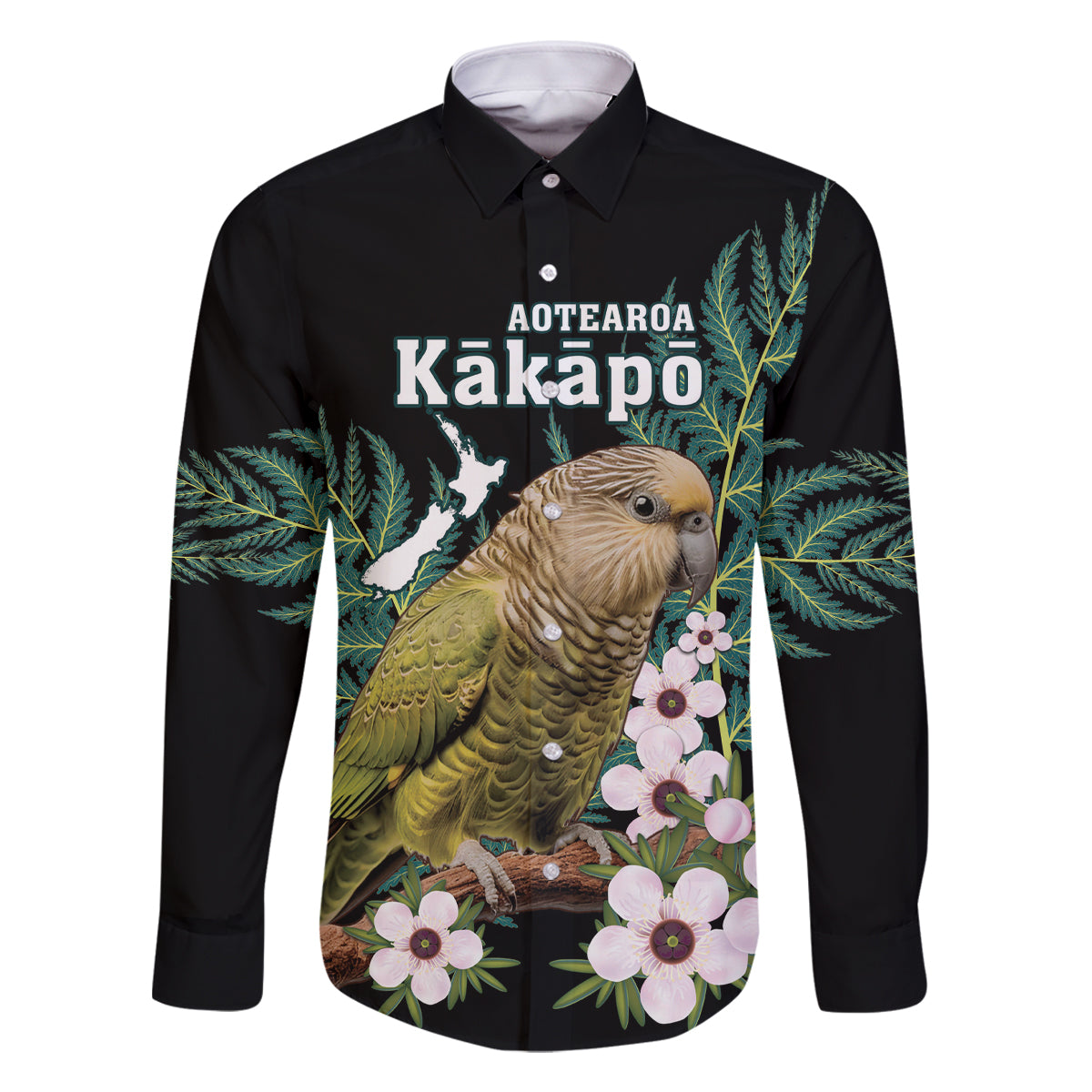 Personalised New Zealand Kakapo Family Matching Off The Shoulder Long Sleeve Dress and Hawaiian Shirt Aotearoa Fern With Manuka LT14 Dad's Shirt - Long Sleeve Black - Polynesian Pride