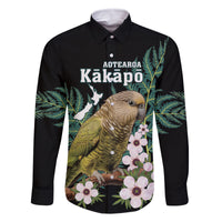 Personalised New Zealand Kakapo Family Matching Off The Shoulder Long Sleeve Dress and Hawaiian Shirt Aotearoa Fern With Manuka LT14 Dad's Shirt - Long Sleeve Black - Polynesian Pride
