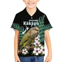 Personalised New Zealand Kakapo Family Matching Off The Shoulder Long Sleeve Dress and Hawaiian Shirt Aotearoa Fern With Manuka LT14 Son's Shirt Black - Polynesian Pride
