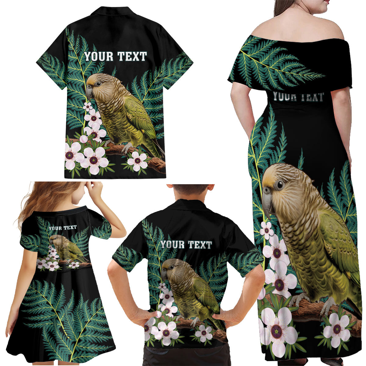 Personalised New Zealand Kakapo Family Matching Off Shoulder Maxi Dress and Hawaiian Shirt Aotearoa Fern With Manuka