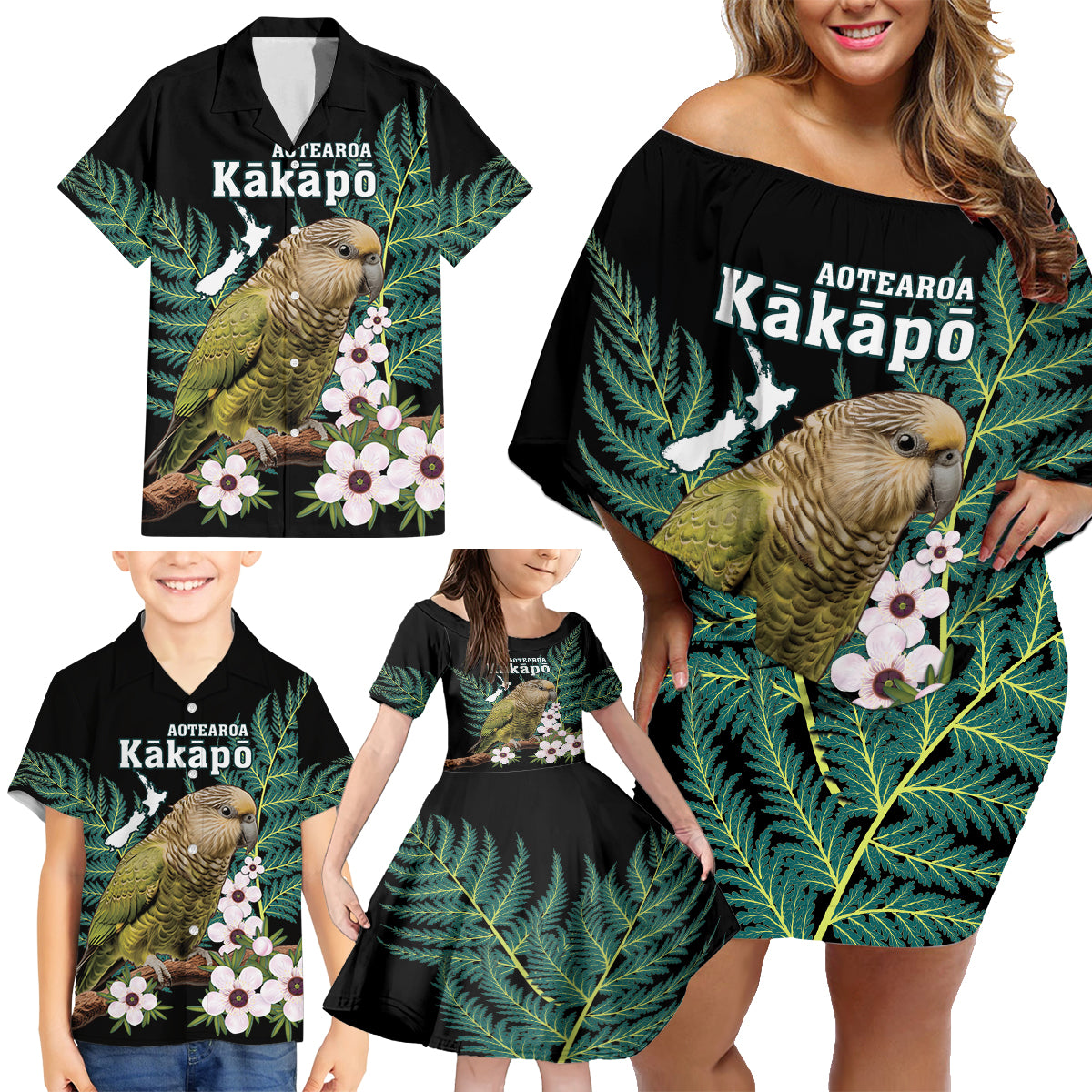 Personalised New Zealand Kakapo Family Matching Off Shoulder Short Dress and Hawaiian Shirt Aotearoa Fern With Manuka