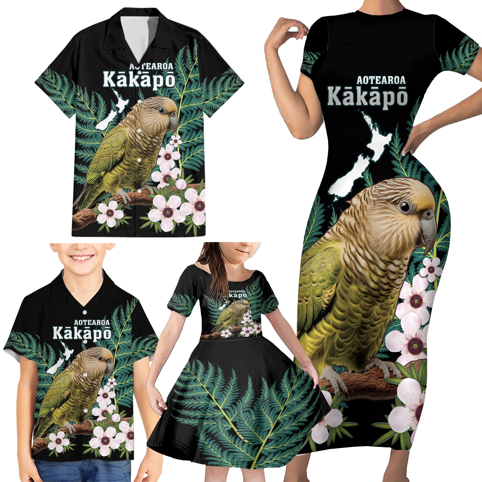 Personalised New Zealand Kakapo Family Matching Short Sleeve Bodycon Dress and Hawaiian Shirt Aotearoa Fern With Manuka