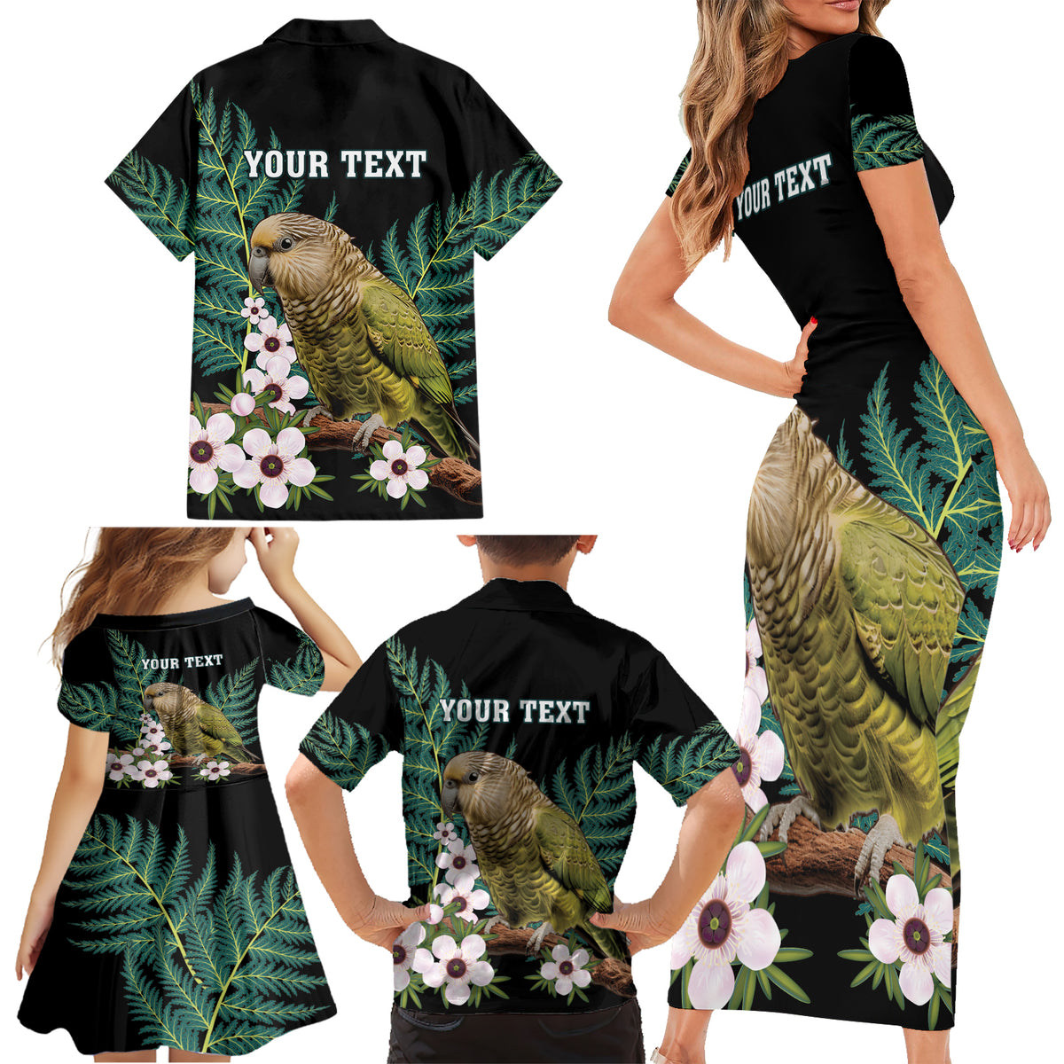 Personalised New Zealand Kakapo Family Matching Short Sleeve Bodycon Dress and Hawaiian Shirt Aotearoa Fern With Manuka