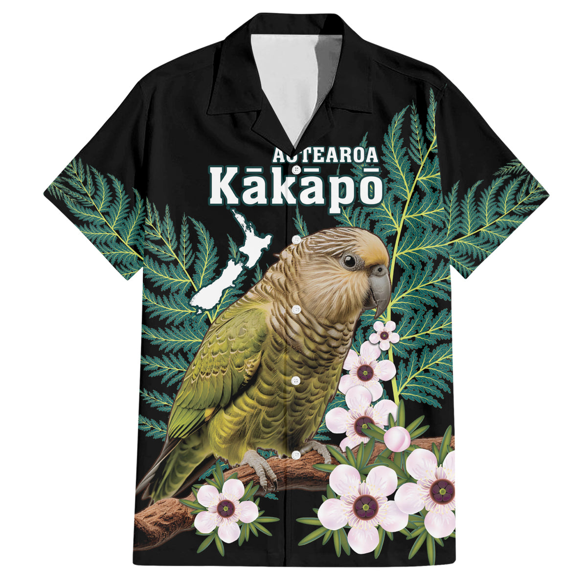 Personalised New Zealand Kakapo Family Matching Short Sleeve Bodycon Dress and Hawaiian Shirt Aotearoa Fern With Manuka