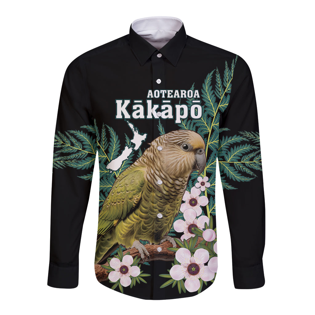 Personalised New Zealand Kakapo Long Sleeve Button Shirt Aotearoa Fern With Manuka LT14 Unisex Black - Polynesian Pride