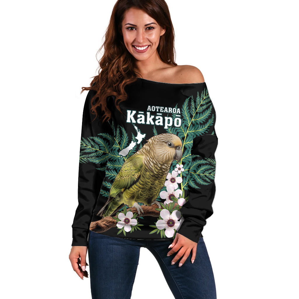 Personalised New Zealand Kakapo Off Shoulder Sweater Aotearoa Fern With Manuka LT14 Women Black - Polynesian Pride