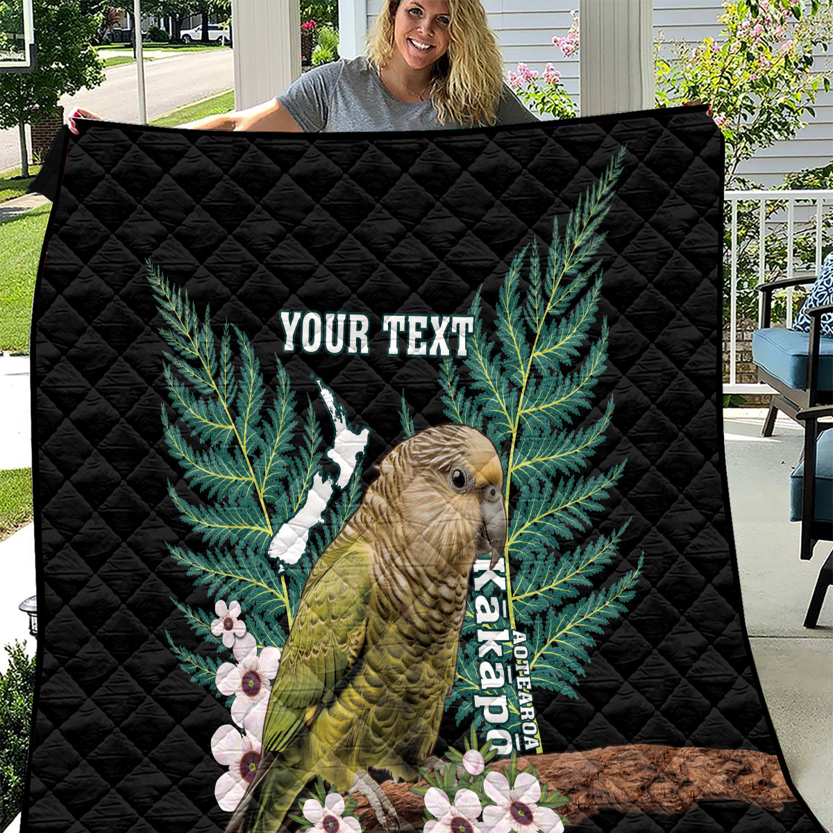 Personalised New Zealand Kakapo Quilt Aotearoa Fern With Manuka LT14 Black - Polynesian Pride
